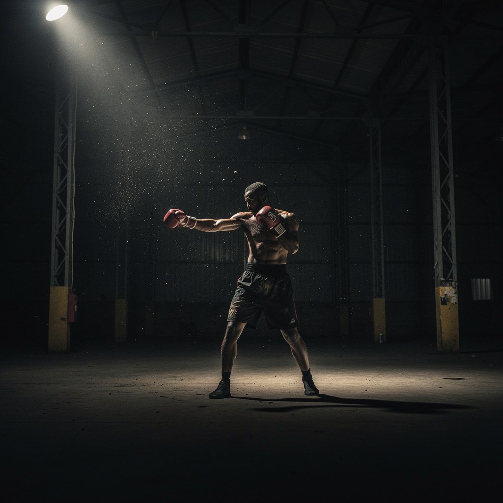 Boxer beim Schattenboxen in einer dunklen Halle